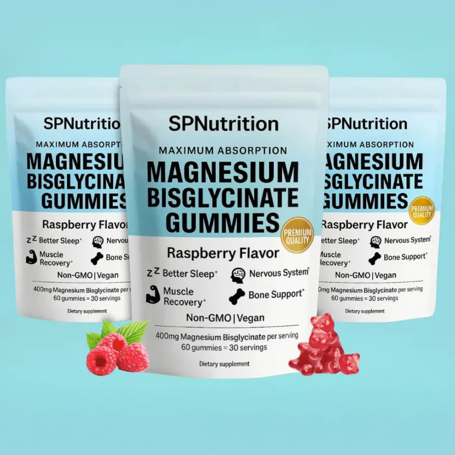 Drei Beutel Magnesiumbisglycinat-Fruchtgummis