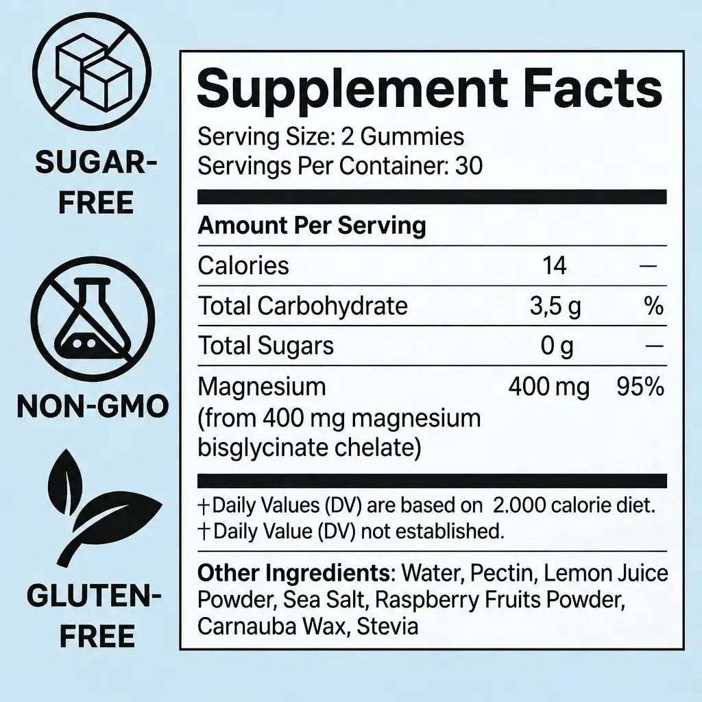 Nährwertangaben: 400 mg Magnesium pro 2 Fruchtgummis